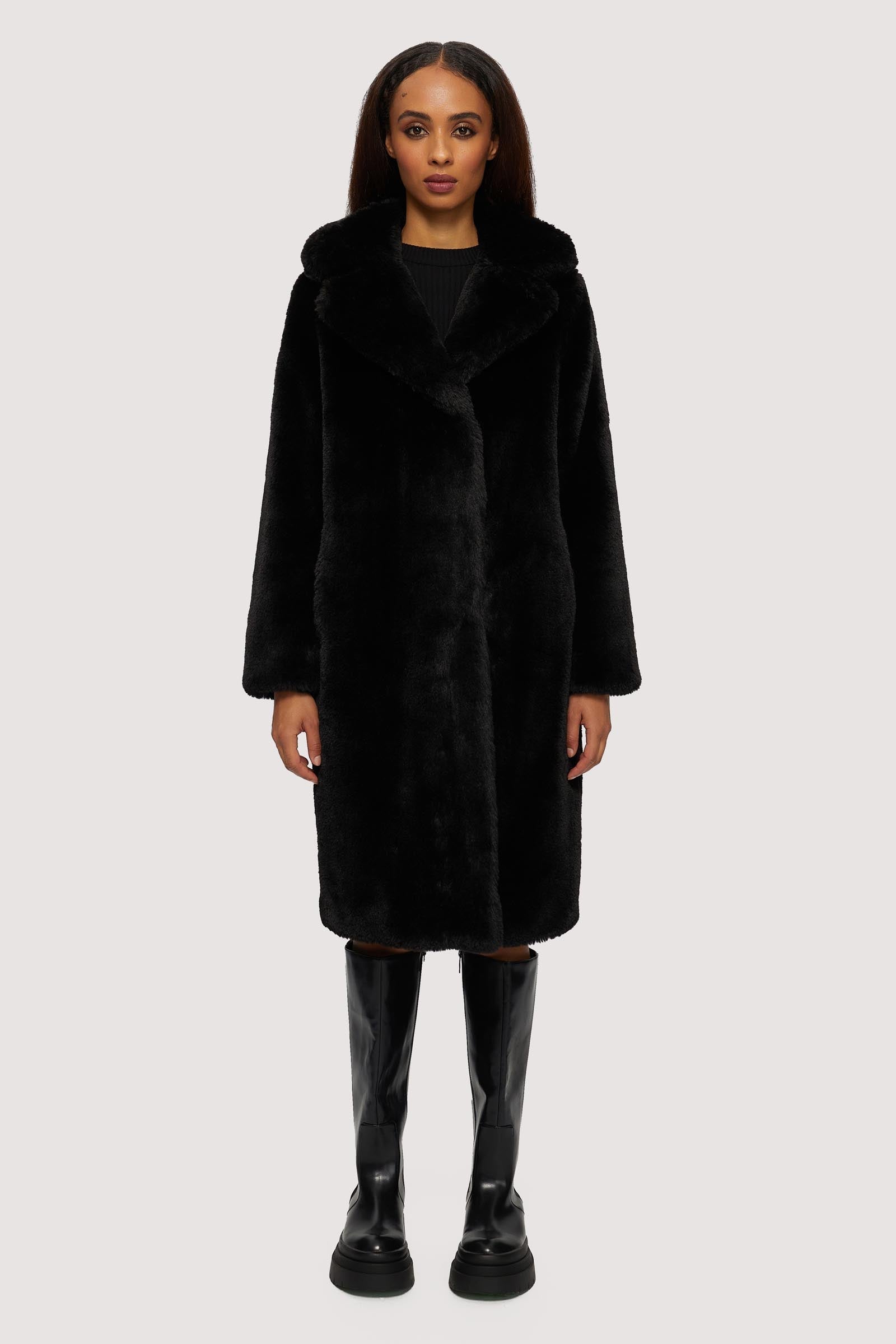 Savannah Long Length Vegan Fur Coat - Black | Noize