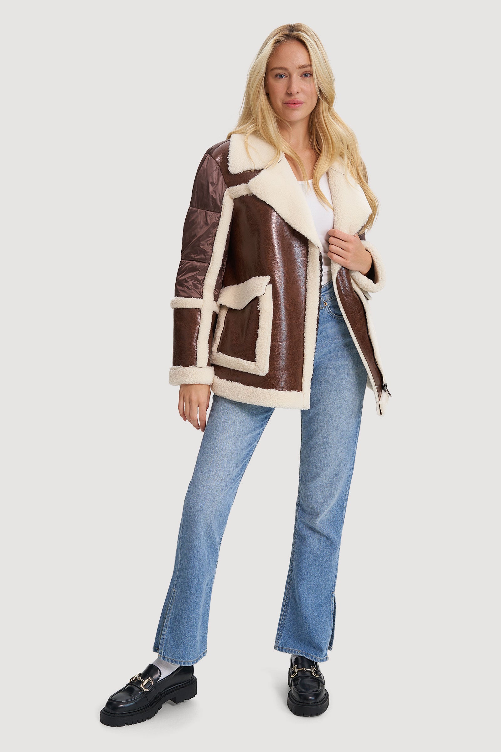 Efecto Duradero Vegan Shearling-Trimmed Leather Coat