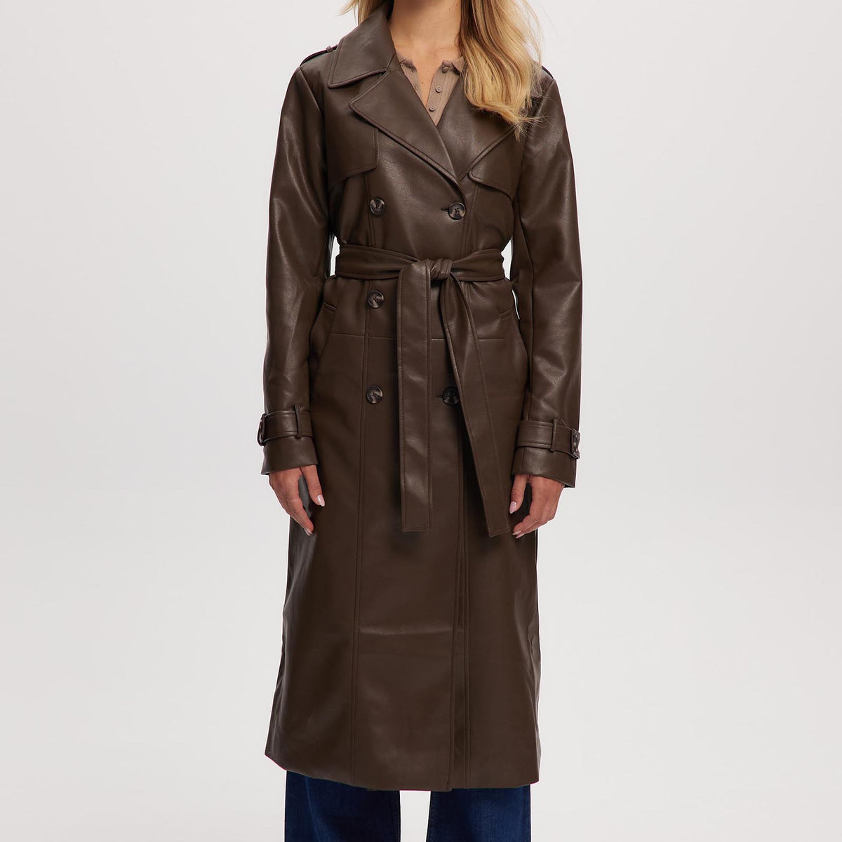 Albina Long Length Vegan Leather Trench Coat | Noize